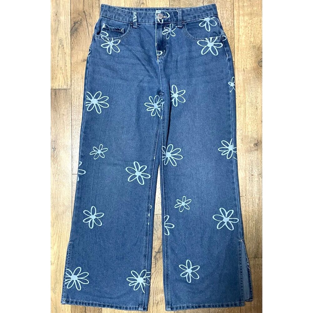 Justice Girls Size 18 Daisy Floral Wide Leg Jeans Blue Denim Y2K